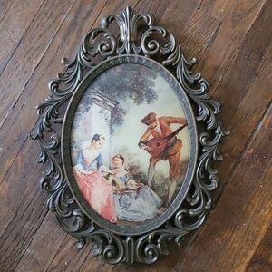 Vintage 13" Italian Oval Art Medieval Romance Scroll Work Metal Frame Bridgerton